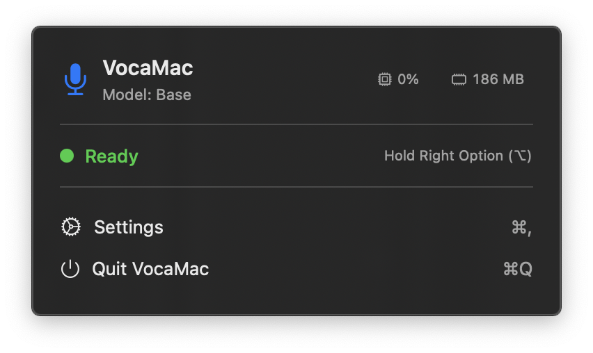 VocaMac menu-bar popover showing ready status and the last transcription