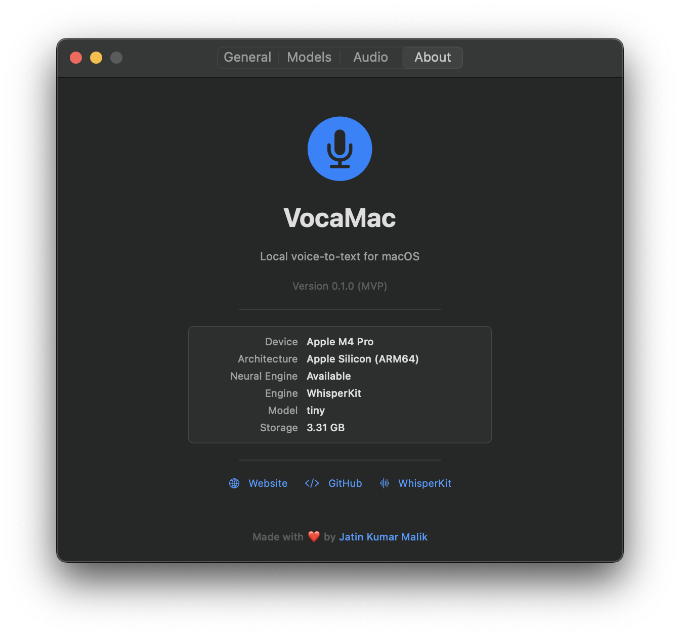 VocaMac Settings About tab