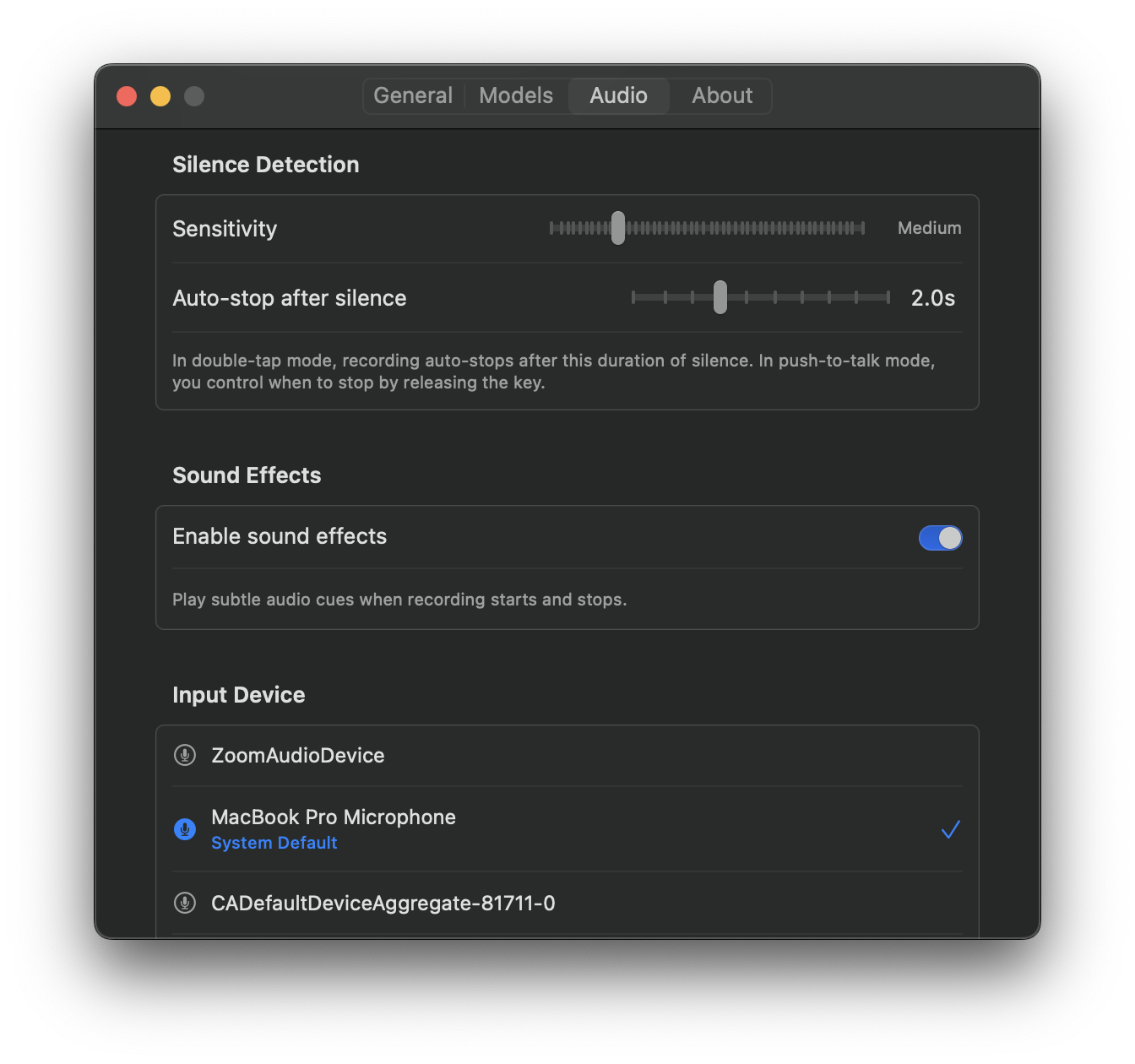VocaMac Settings Audio tab
