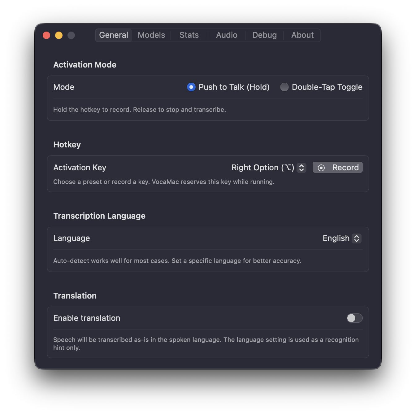 VocaMac Settings General tab