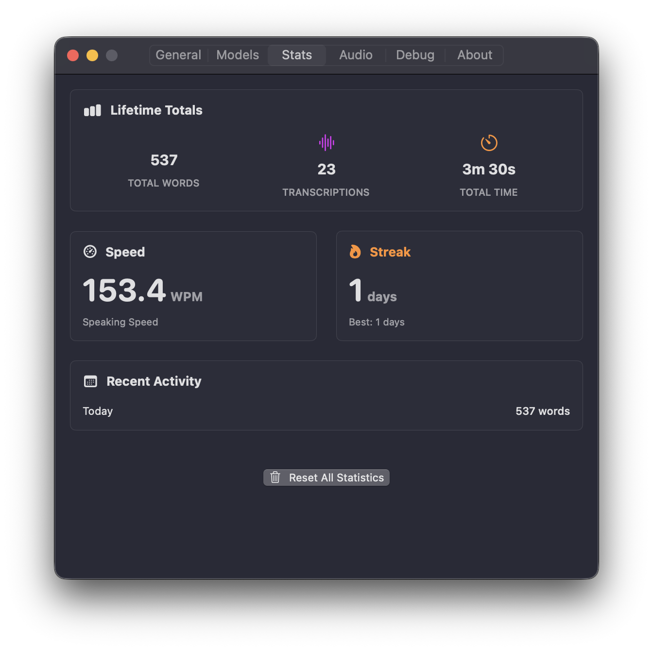 VocaMac Settings Stats tab