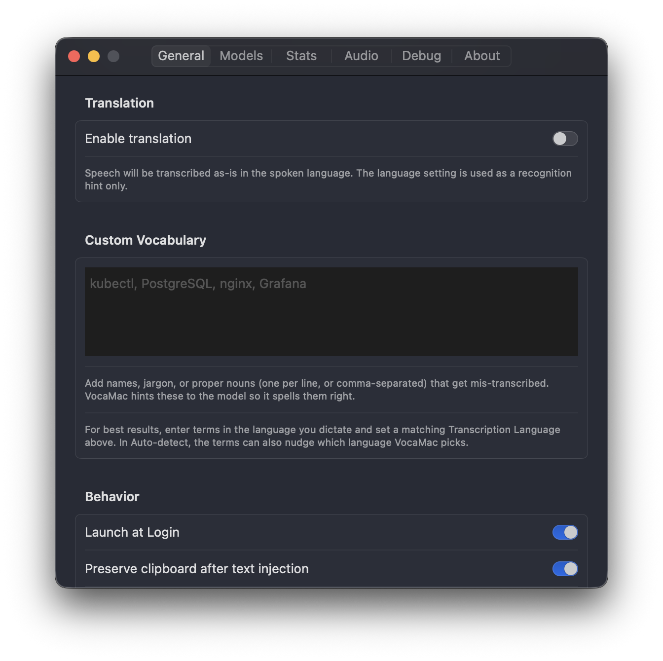 VocaMac Settings showing the Custom Vocabulary editor